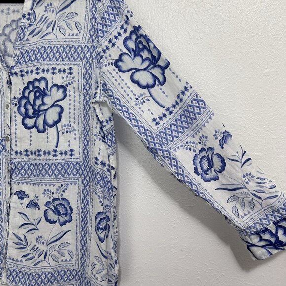H by Halston 100% Linen Tunic Shirt Blouse Bright White Blue Artsy Floral Sz L - Picture 5 of 11